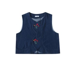 Весеннее лето Ретро вымытая женская джинсовая куртка Vest Floral Emelcodery Design Casual Loose Thaistaoat 240423