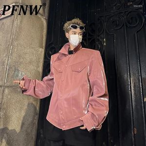 Men's Jackets PFNW Niche Deisgn Liquid PU Leather Shoulder Pad Design Male Casual Coat Oblique Placket 2024 Spring 28W3022