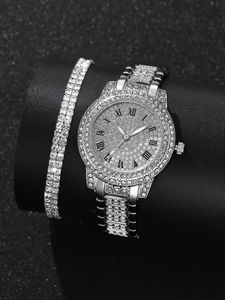 Wristwatches 3PCS Set Silver Luxury Rhinestone es Women Crystal Quartz Bracelet es Wrist Ladies Dress Wrist Clock Relogio d240430