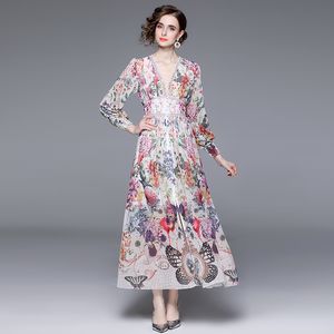 Slim Waisted Women's Holiday Dress, Elegant V-neck Printed Max Dress, Single-breasted Lantern Sleeve Vestidos, Spring Summer
