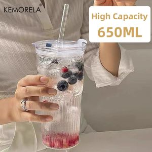 12PCS 600 ml Stripe Glass Cup z pokrywką i przezroczystymi słomkami szklanki do picia do soku woda lodowana kawa kubka na oprogramowanie napoje 240429