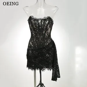 Festklänningar oeing svart a-line sjöjungfru prom sexig stropplös spets mini aftonklänning för kvinnor special tillfälle klänning vestidos de gala
