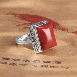 Кластерные кольца этнический стиль геометрический квадрат для женщин нейтральный 925 Серебряная винтажная мода Юг красный турмалиновый кольцо Банкет Ювелирные изделия