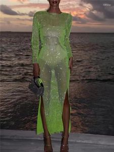 Casual Dresses Sexy See Through Rhinestone Maxi Club Autumn Dress Women 2024 Glitter Evening Party Long Fishnet Beach Vestidos