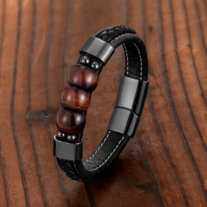 Natural Red Tiger Eye 3 Lucky Charm Jewelry Bracelet 316L Stainless Steel Leather Cord Mens OL Style 240423