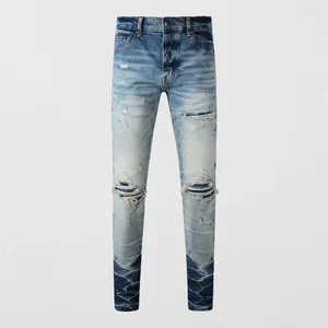 Men's Jeans Fashionable Water Washed Elastic Slim Fit Light Blue Split High Street Trendy Latest Designer Hip Hop Pant