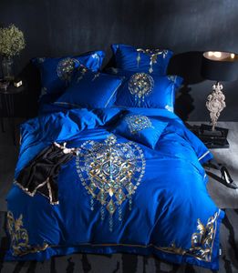 ブルーエジプト綿オリエンタルモダンベッドセットクイーンキングサイズ刺繍装飾ベッド布団カバーシートセット383171366