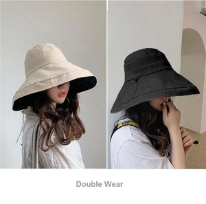 Geniş Memlu Şapkalar Yaz Kadınlar Çift Pamuklu Pamuklu Keten Şapk Zarif Büyük Katlanabilir Antiuv Plajı Disket Düz Kapaklar Bob ZZ4897029068