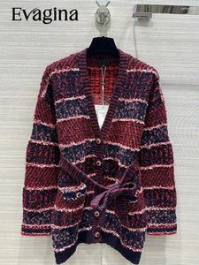 여자 니트 에바 나 패션 디자이너 가을 빈티지 스트라이프 긴 스타일 카디건 v- 넥 소매 벨트 느슨한 캐주얼 스웨터