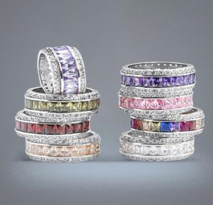 Size 610 Luxury Jewelry 925 Sterling Silver Princess Cut Multi Color CZ Diamond Amethyst Gemstones Women Wedding Circle Band Ring2340628