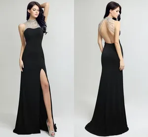 파티 드레스 Robe de Soriee 2024 Crystal Black Prom 생일 현대 하이 목 구슬 분할 전지 등이없는 이브닝 가운