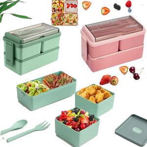 Tischgeschirr Doppelschicht tragbare Lunchbox mit Gabel- und Löffel Mikrowellen -Bento -Kisten Set Storage Kids Container