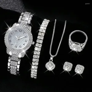 Armbanduhr 6-teilige/set Women's Watch Luxus-Strass-Quarz-Quarz-Hip-Hop-Mode- und Schmuck-Set idealer Wahl für Geschenke