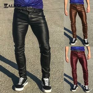 Punk Casual Pu Leather Pants Solid Color Mens Clothing Tight Elastic Low Midist Boy Byxor 240419