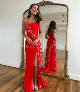 Party Dresses Mermaid Red Satin Long Prom Strapless Beadings Side Split Floor Length Saudi Arabic Women Evening Dress