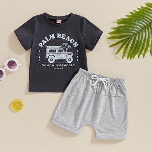 Giyim setleri citgeesummer çocuk erkek şort seti kısa kollu mektuplar araba baskı tişört elastik bel kıyafet giysileri