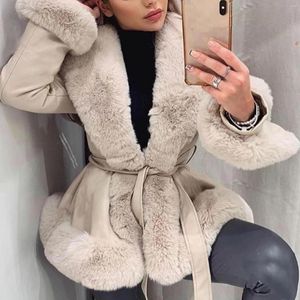 Women's Jackets Puloru Winter Warm PU Leather For Women Fluffy Plush Patchwork Lapel Neck Cardigans With Belt Office Lady Outerwear