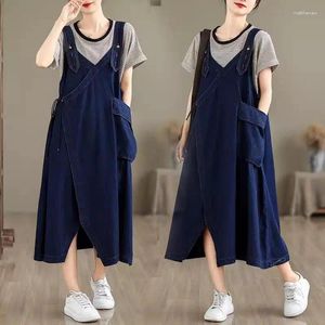 Casual Dresses Irregularly Split Denim Strap Dress For Women Summer Design Loose Fitting Long Sleeveless Vintage Jeans Overall K910