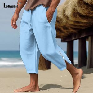 Ladiguard European Fashion Zipper Cuff Linen Pants Solid Elastic Waist CalfLength Trouser Plus Size Mens Casual Sweatpants 240422