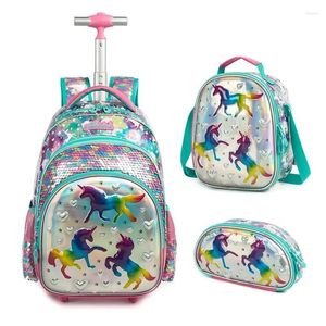 学校のバッグ小学生用バックパック小学生の女の子のためのホイールバッグスパンコール旅行荷物トロリー