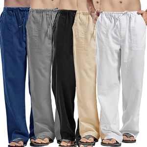 Mens Linen Pants Multipla fickor Bomullsbyxor Summer andas Casual Elastic Midje Fitness Loose Sweatpants 240429