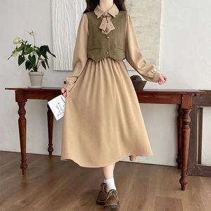 Casual Dresses Women Two-piece Fashionable Lapel Dress Preppy Style Mid-length Trendy Student High-waisted Long-sleeved