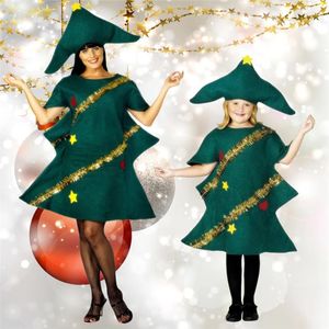 Lässige Kleider Weihnachten Eltern Kinderkostüm Süßes Cosplay Kurzarm Neuheit Kleid Elf Party mit Hutausdruck Performance Weihnachtsbaum