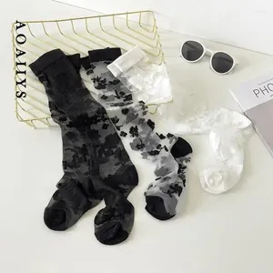 Women Socks Ultra-thin Long Stockings Summer Japanese Fashion Flower Transparent Nylon Knee Vintage Crystal Silk