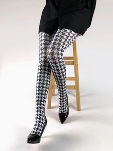 Women Socks Personality Pixel Style Black White Ladies Houndstooth Print Pantyhose Checker Butterfly Retro Spice Sexy Nylon Tights Wholesale