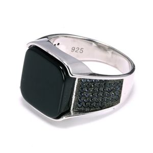 D 925 Sterling Silver Rings Antika turkiska ringsmycken för män med fyrkantiga svarta naturstenar Simple Design 240424