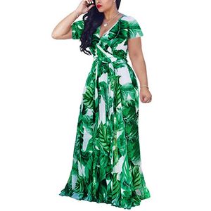 Leaf Print Women Clothing Bohemian Womens Summer Dress Plus Size Vneck Short Sleeve Casual Long Dresses Large 240419
