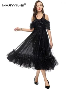 Casual Dresses Maryyimei Black Slingr Square Collar Dress Spring Summer Sequins Mesh Stor Swing Banket Long Long