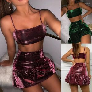 Vestidos de trabalho Skmy Women Mulheres Ruos Casuais Moda Sinfonia Ice Seda Sexia Sexia Crop Crop Ruffle Mini Salia Duas peças Definet Clubwear