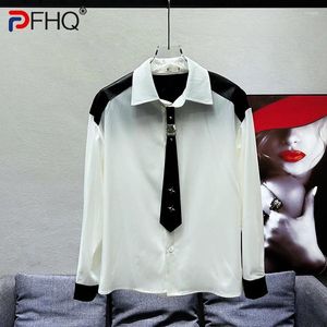 Camisas casuais masculinas PFHQ Funcional Personalidade masculina de nicho de retalhos Design de couro amarelo Tops de mangas compridas bonitas Summer 21z4169