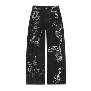 Wholesale Trendy Denim Pants Streetwear Trousers Loose Fit Baggy Pants Black Graffiti Jeans in Bulk for Men