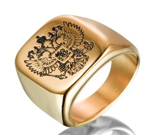 Rostfritt stål 3D -gravering Ryssland National Emblem Double Heads Eagle Square Charm Ring Hip Hop Fashion Punk Men Women Jewelry1554044