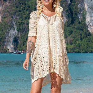 Strand casual cover up baddräkt fast färg mesh stickad tröjor skjortor topp v-hals plus storlek mid längd ärm badkläder klänning