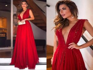 Red Prom Dresses Sexig Deep V Neck Chiffon Beading paljetter Special Endan Dresses Evening Wear A Line Long Cocktail Party Gowns S9055925