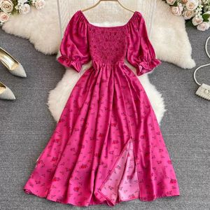 2024 Mode Sommer Blumendruck Langer Dres Vintage Square Neck Ruched Brust Split Sundress Party Vestidos 240429