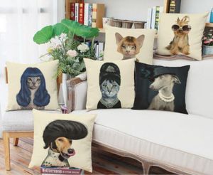 Vintage insansı kediler köpekler hayvan keten yastık kasası keten yastık kapağı 42x42cm6559183