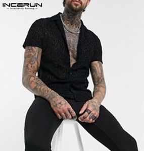 Incerun Men Mesh Shirt Leopard Print透明な半袖ストリートウェアCamisas 2020ラペルセクシーなファッションパーティーナイトクラブシャツ7599632