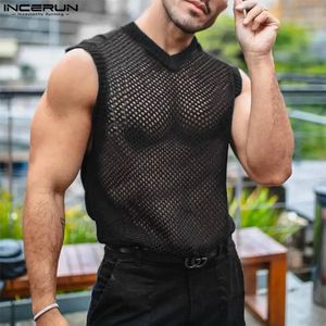 incerun Men Tank Tops Solid Color Mesh Slicfeless v Neck Sexy Sext Streetwear Resparent Fashion Clothing S-2XL 240425