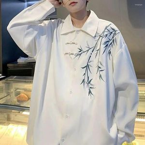 Men's Casual Shirts Men Solid Color Shirt Chinese Style Bamboo Embroidery Cardigan Coat With Tang Suit Influence Retro Design