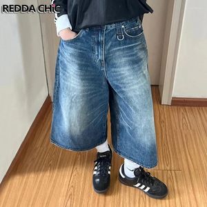Women's Jeans ReddaChic Women Low Waist Whiskers Denim Shorts Vintage Wash Blue Brushed Frayed Wide Leg Oversized Pants Y2k Korean