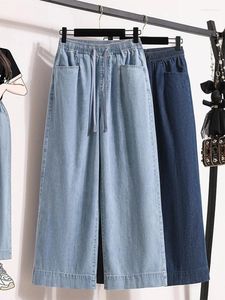 Frauen Jeans Sommer Frauen elastische Taille Jeanshose großer Größe hoher Wasit -Kordel gerade weit Beinhosen lässig weiblich