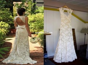 Ivory Champagne Lace Sheath Wedding Dresses 2019 Scoop Neck Elegant Garden Sweep Train Sexy Backless Boho Bridal Gown Custom Made7059570