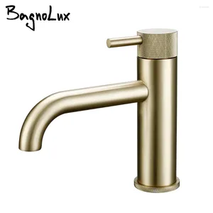 Bathroom Sink Faucets Brushed Gold Basin Faucet And Cold Mixer Deck Mounted Brass Tap Knurled Single Handle Hole