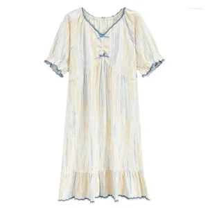 女性用スリープウェアサマーエステックコットンスリーピングドレスファッショナブルな油絵スタイルミッドレングスワンピースホームウェアナイトドレス