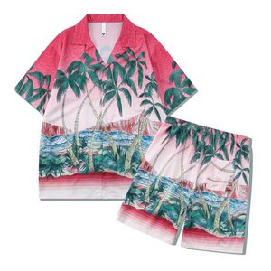 メンズトラックスーツメンズハワイアンビーチセット男性と女性のためのバケーションシャツカラーブロック印刷ショーツセット