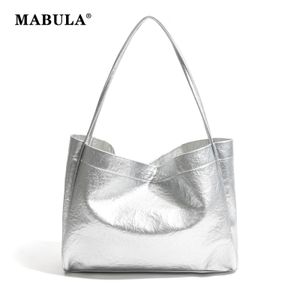 MABULA Silver Fashion Square Woman Tote Handbag Solid Color PU Leather Stylish Large Laptop Shoulder Bag 2pcs Set Female Purse 240429